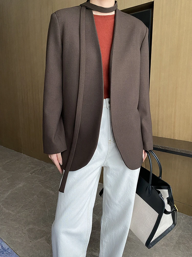 [EAM] Women Beige Coffee Belted Big Size Elegant Blazer New V-neck Long Sleeve Jacket Fashion Tide Spring Autumn 2024  1DH7740