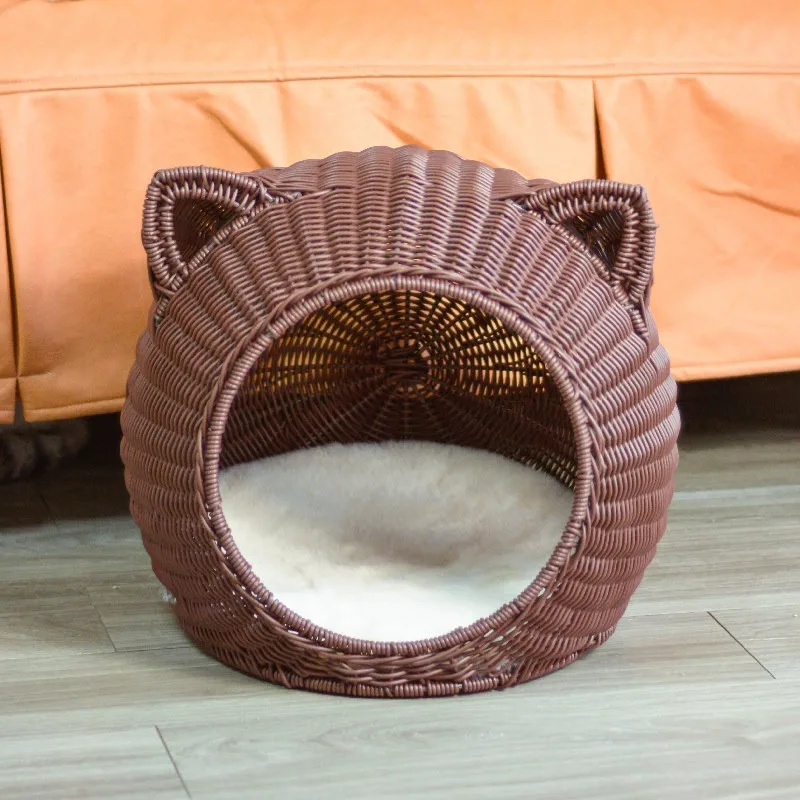 Hand Woven Cattail Cat Bed, Semi‑Enclosed Natural Cooling Pet House All Season Cat Villa
