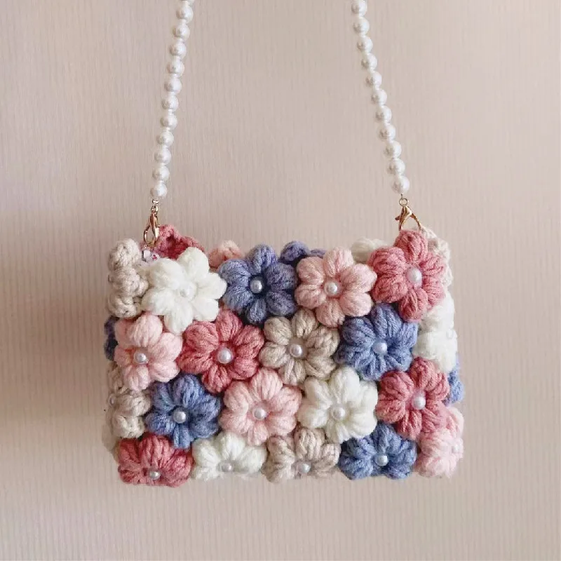 Hand woven wool backpack handbag beautiful flowers beautiful Crochet bag Convenient mobile storage