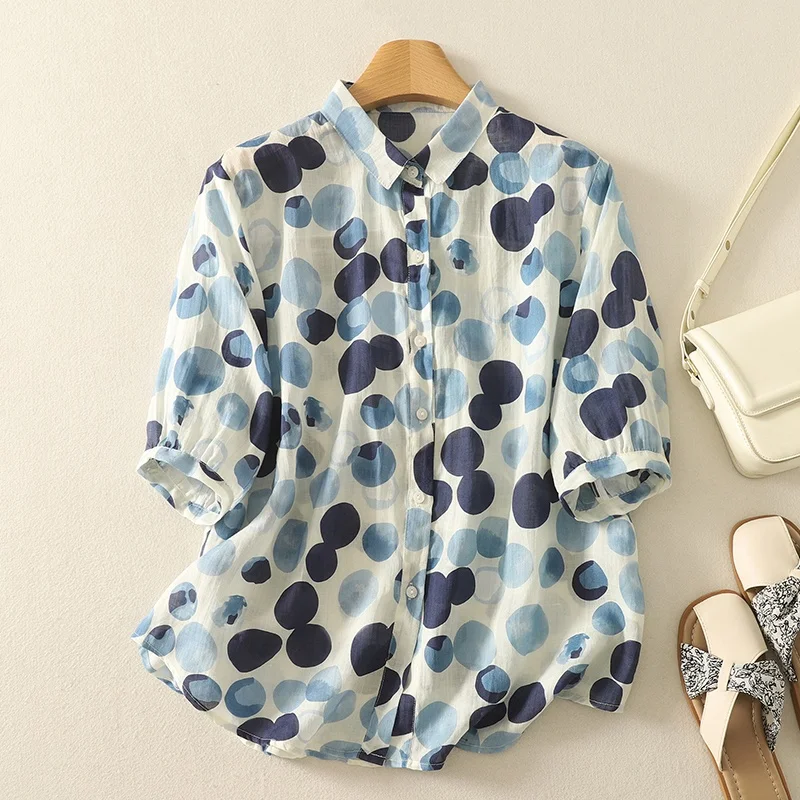 

Blue Polka Dot Printed Loose Women's irt Thin Summer Fre Sle French Faion ort Sve Polyester Cotton Blend