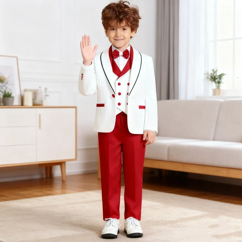 

Hot Selling Red White Contrast Boys Formal Suit Set 3-14 Years 2026 4 Piece Kids Wedding Tuxedo Blazer Vest Pants Bow Tie