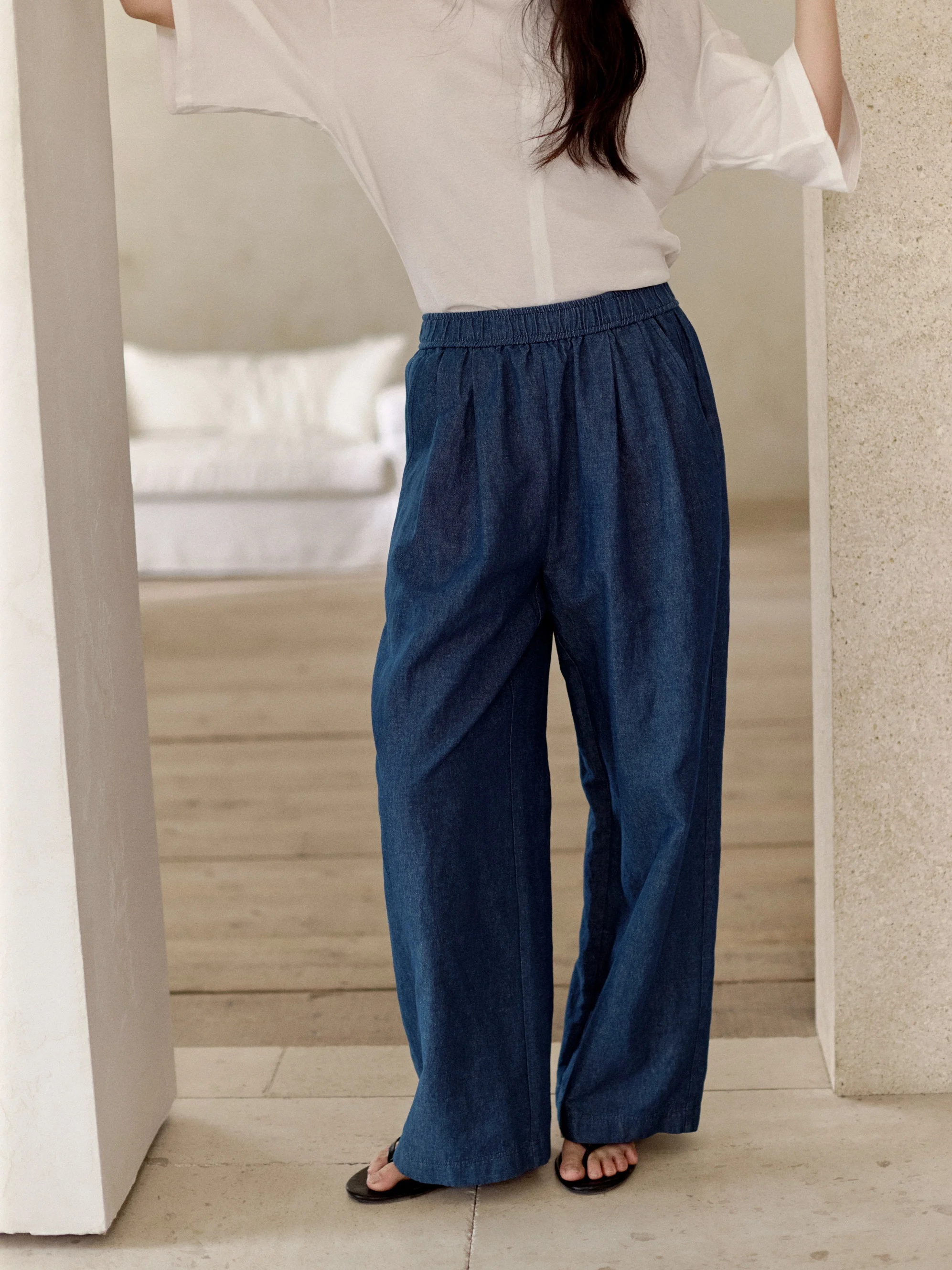 

Летняя новинка: расклешенные джинсы HanMao из хлопка и льна, повседневные брюки с эластичным поясом, тонкие хлопковые джинсы с высокой талией и широкими штанинами