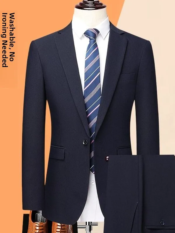 

Pure Color Double Slit Iron Free Suit Set Young Men's Busin Korean Sle Slim Fit Wedding Western Wear Casual Faion