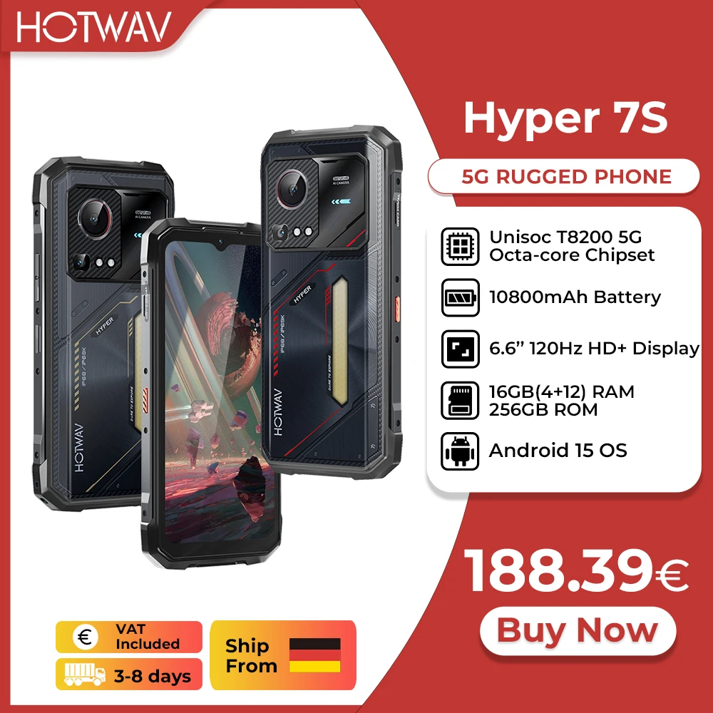 Image of [Schiff aus Deutschland] HOTWAV Hyper 7S Robustes Mobiltelefon 5G Android 15 Smartphone 6,6'' 120Hz 10800 mAh 4 GB 256 GB Mobiltelefon