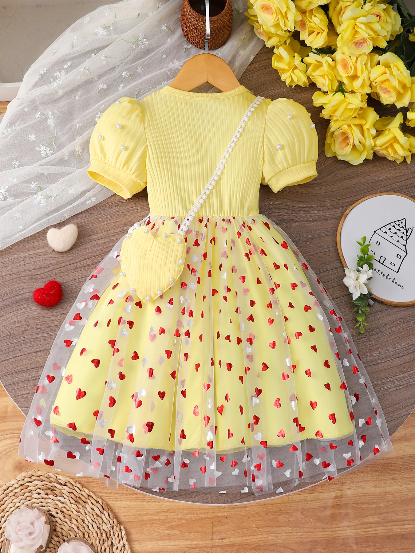 4-7 Year Old Girl's Love Mesh Dress Comes with Love Cross Small Bag Wedding Party Dress