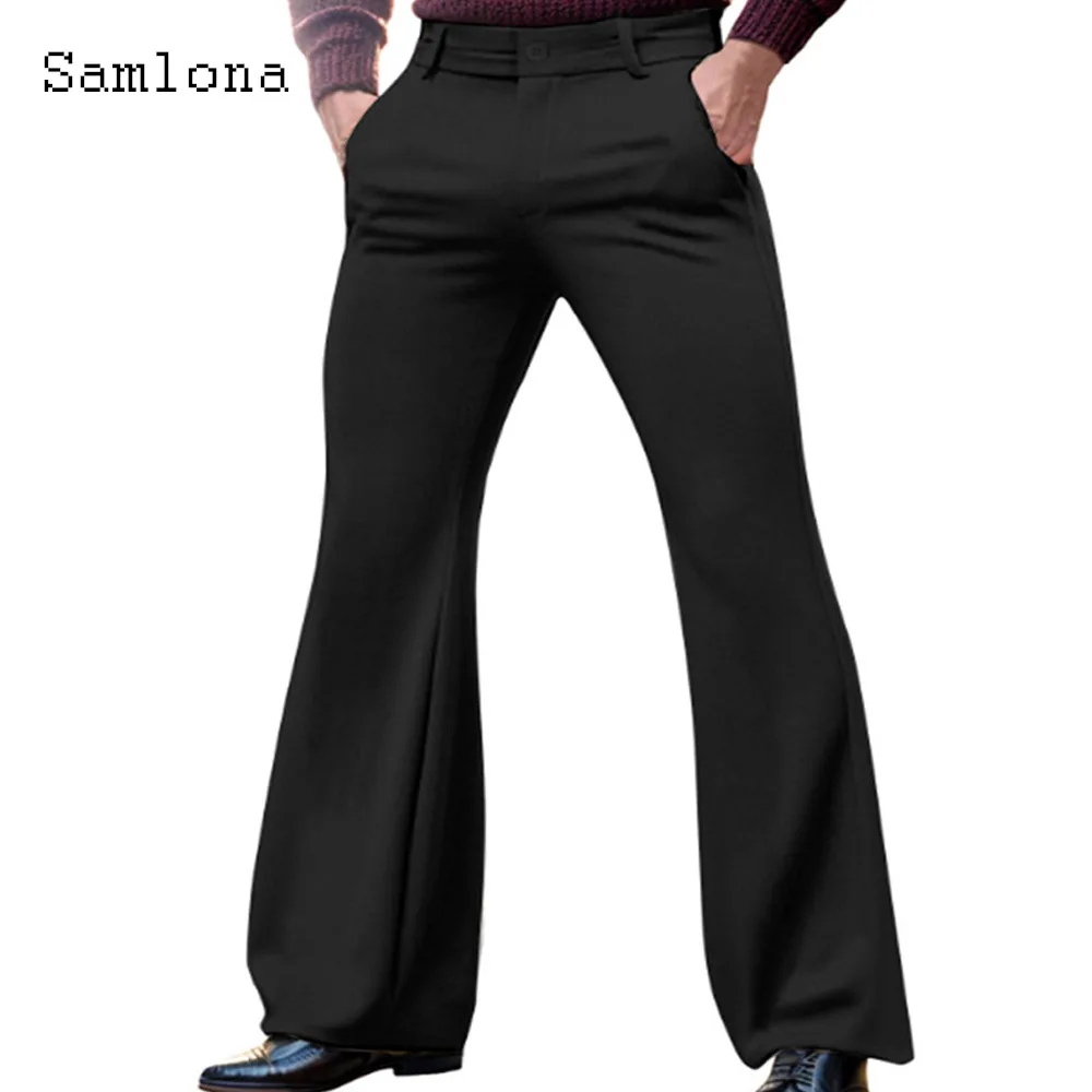 Samlona 2024 Men\'s Stand Pocket Elegant Flare Pants Solid Khaki Basic Stretch Trouser Plus Size Mens Fashion Buttons Up Pants