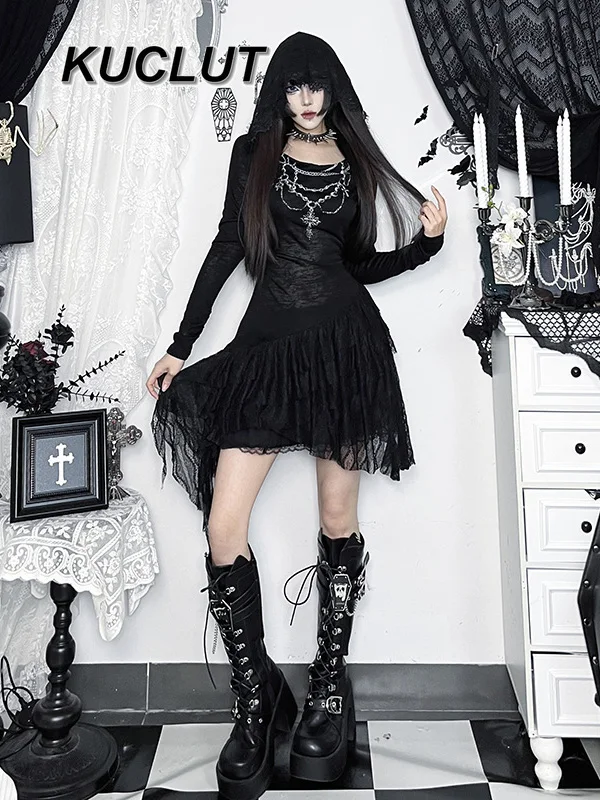 

Готические темные платья во французском стиле суда с длинными рукавами для женщин, весенне-осеннее кружевное женское повседневное платье с субкульптурой, новинка 2023 г.