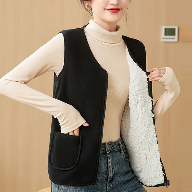 

Autumn Winter New Women Plus Velvet Warm Coat Vests V-Neck Solid Zipper Pockets Simplicity Fashion Slim Sleeveless Cardigan Tops