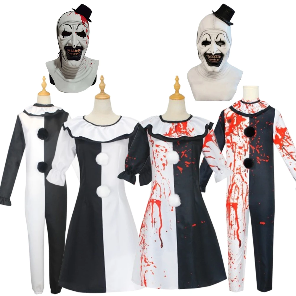

Inspired by Terrifier Series Horror Clown Cosplay Costume, Bloody Black & White Outfit with Mask for Halloween Stage Performance