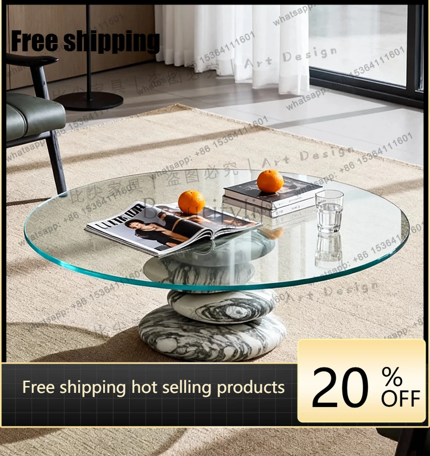 Minimalist creative glass coffee table large white high-end sense round combination marble high-end customization