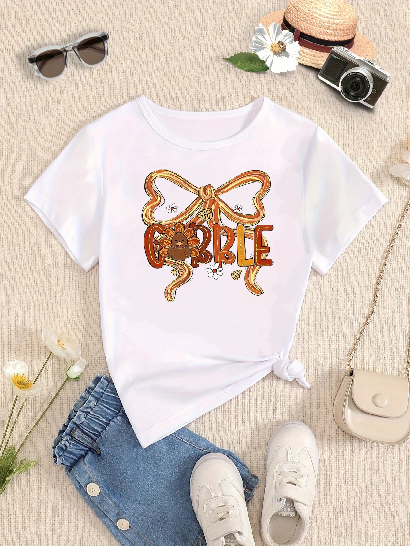 Gobble Turkey Bow Flowers Printed T Shirt Girls Fall Thanksgiving Day T-Shirt Funny Kids Clothes