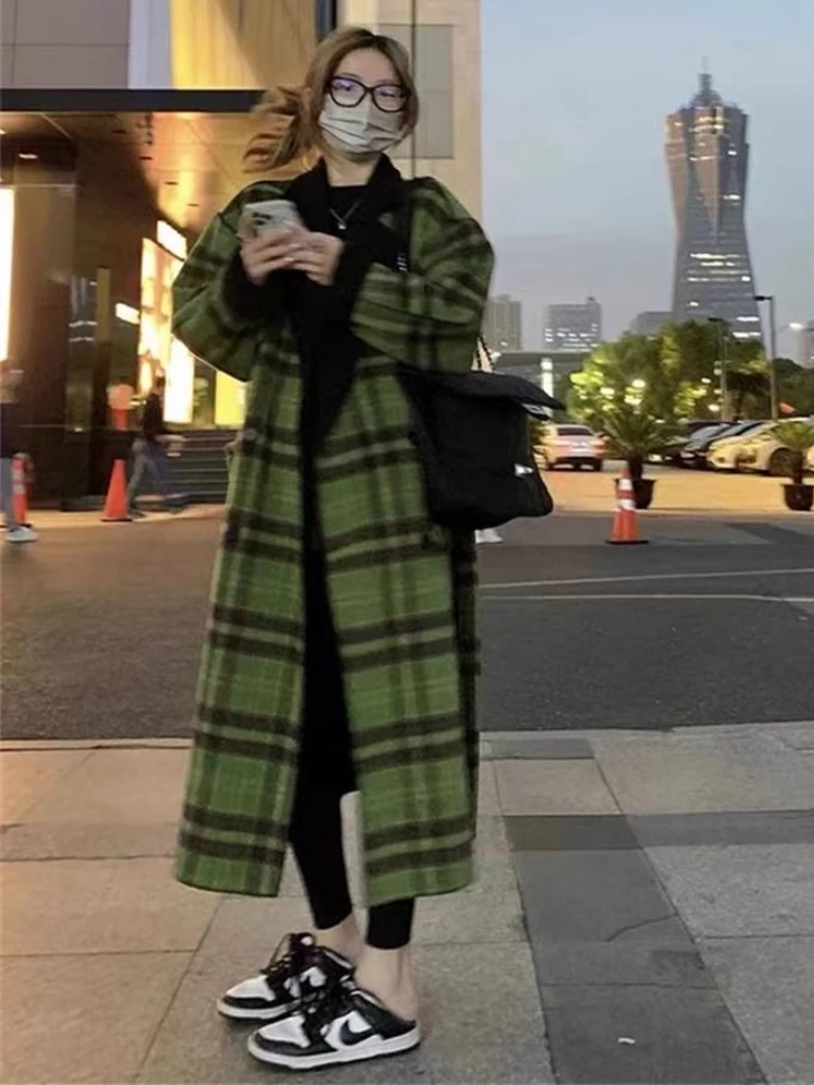 Green Woolen Plaid Coats for Women Fashion Autumn Winter Classy Vintage Long Outerwear Aesthetic Loose Ulzzang Female Clothes