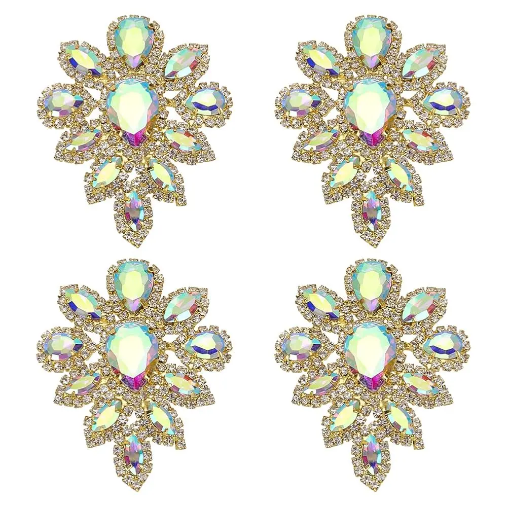 

4 Pcs Teardrop Rhinestone Applique, 2.2x1.8inch AB Colorful Rhinestone Teardrop Applique DIY Decoration Patch for Wedding Dr