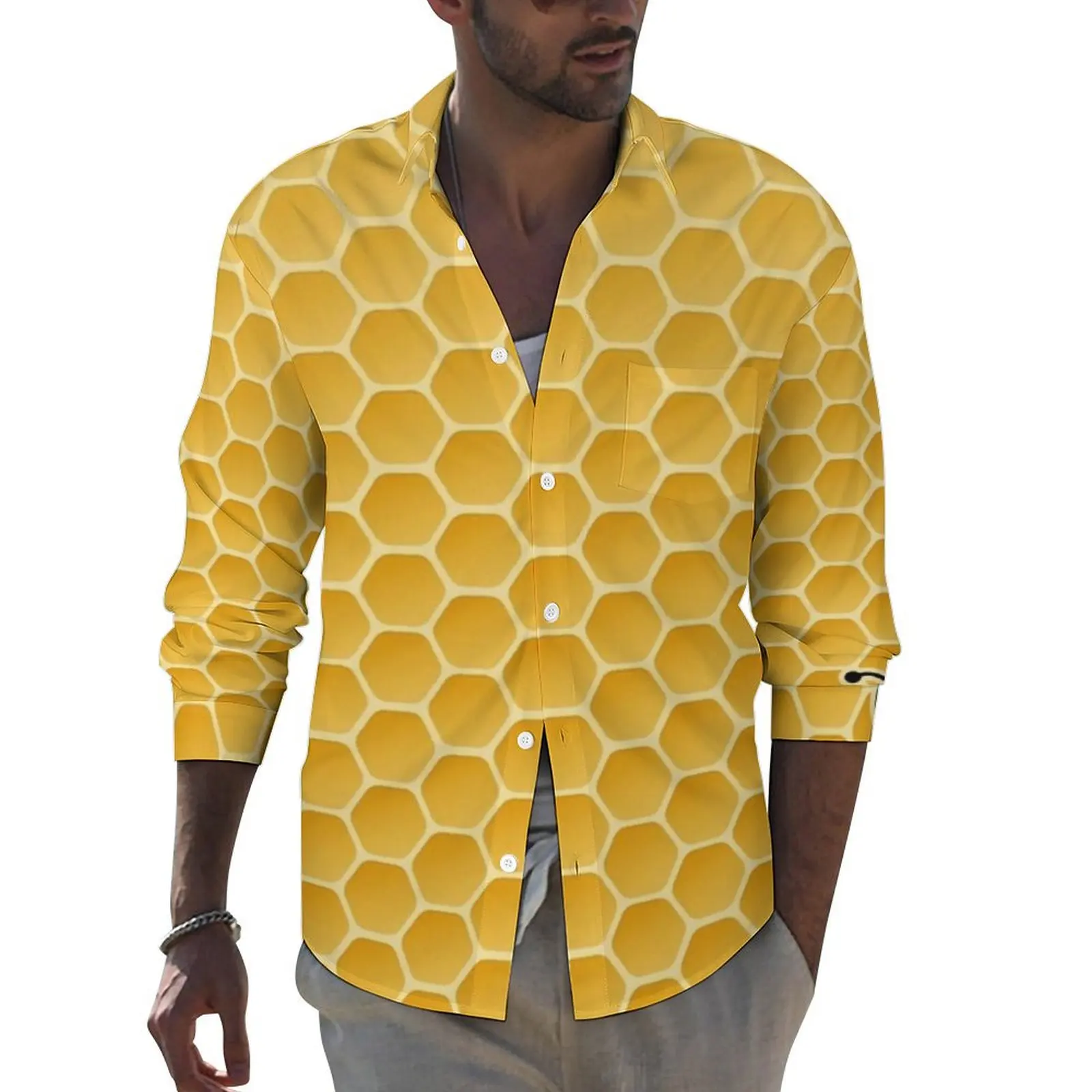 

Bumble Bees Shirt Autumn Cute Honeycomb Print Casual Shirts Male Trending Blouses Long Sleeve Graphic Stylish Tops Plus Size