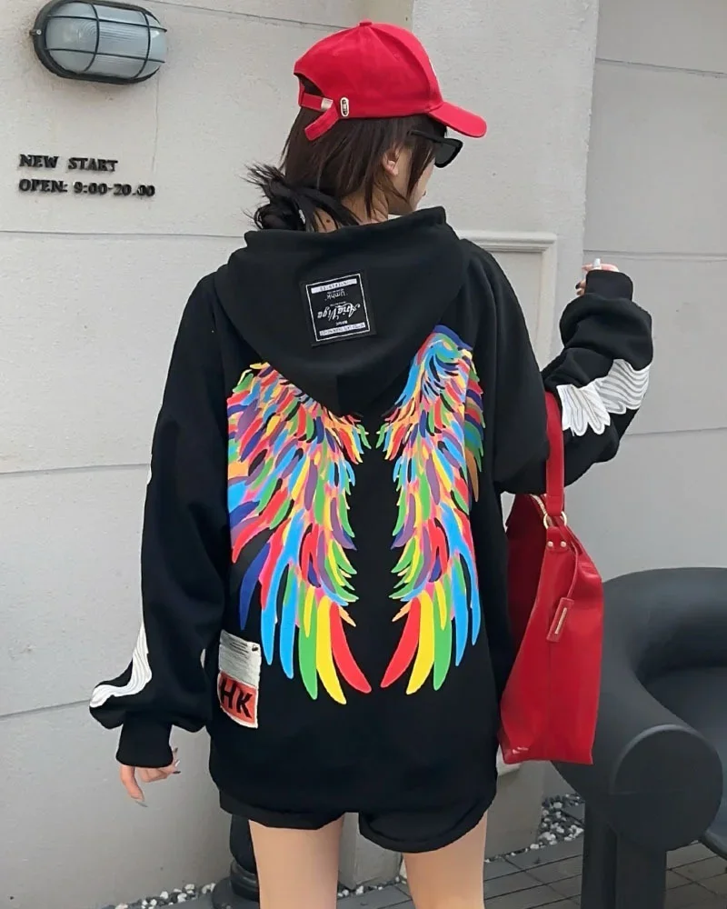 Sports and Leisure Oversized Coat Loose Wings Printing Mid-Length Sweatshirt 2024 Fashion Brand and Graffiti Hoodies Women