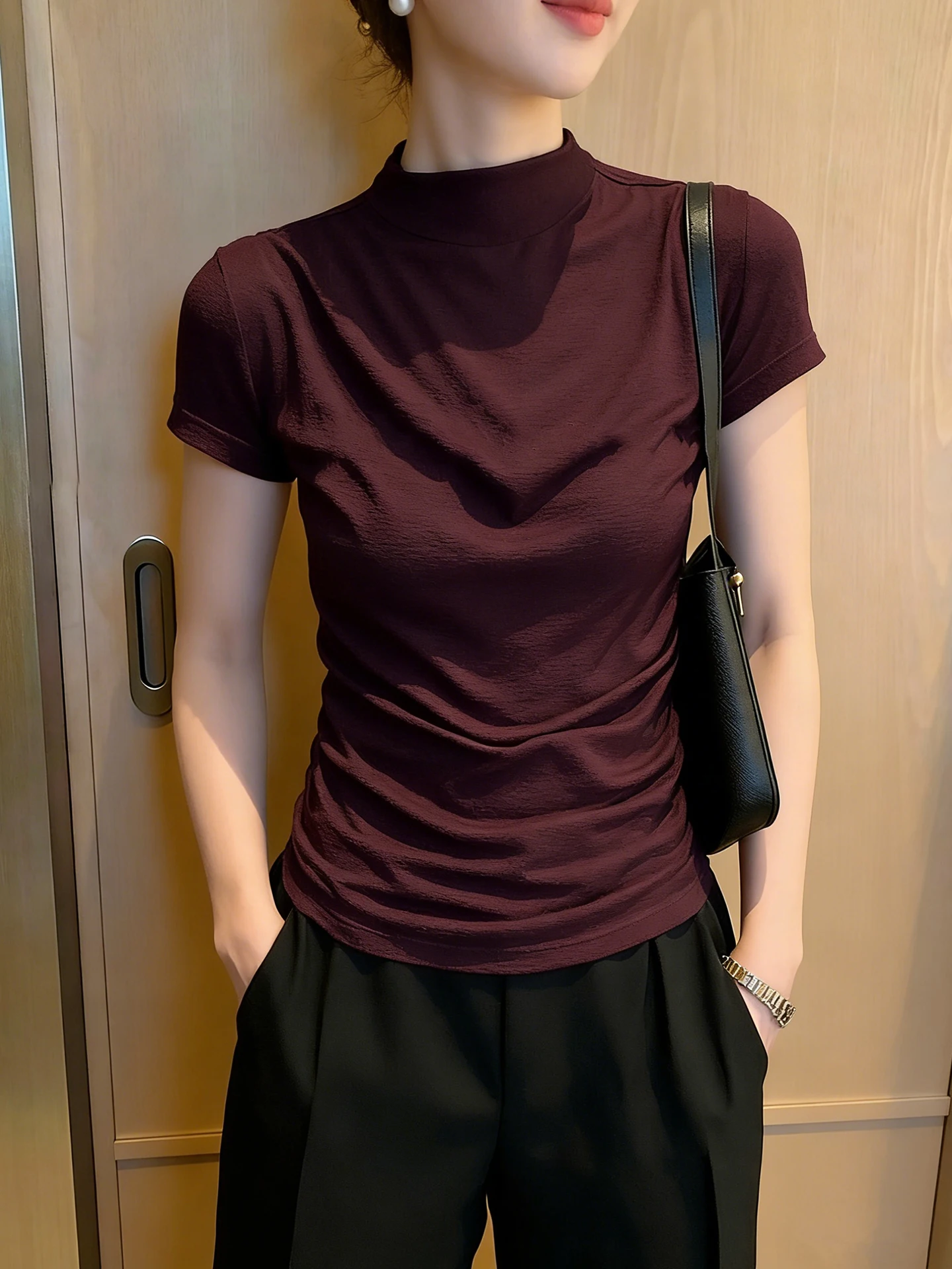 

Slim Fit Short Sleeve T-Shirt Half High Collar Soft Versatile Spring Fashionable Casual Style Women's Top Slimming Effect