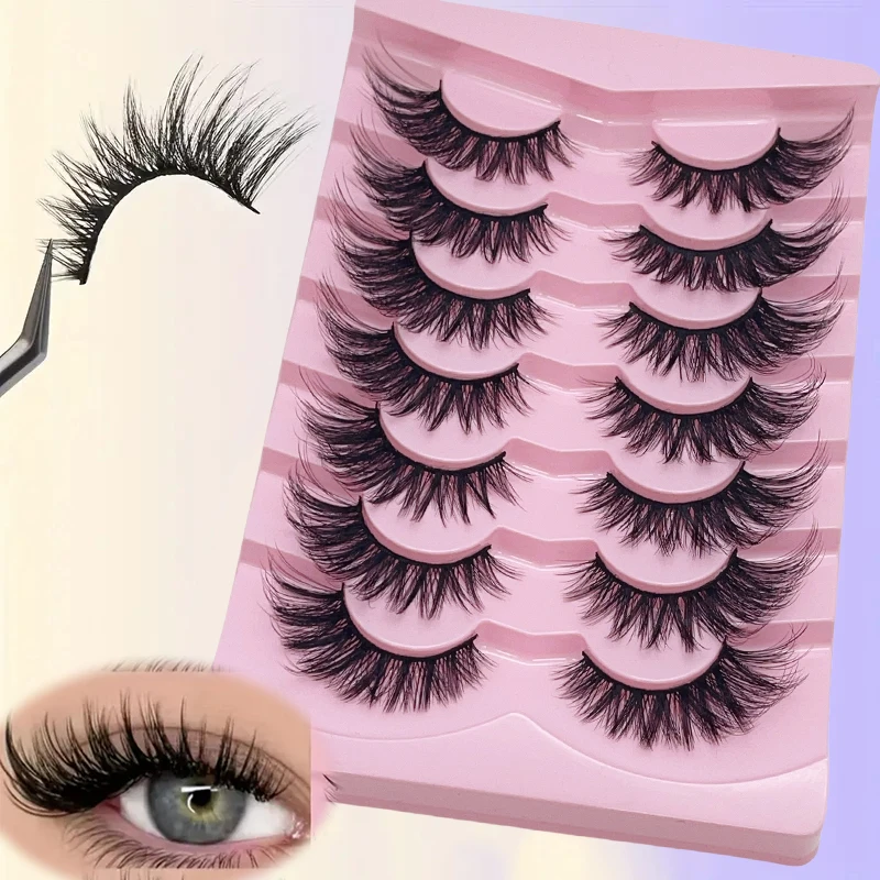 7 أزواج من الرموش الصناعية بأشرطة شفافة وتأثيرات عين الثعلب والقطط، رموش سميكة ومجعدة بشكل طبيعي