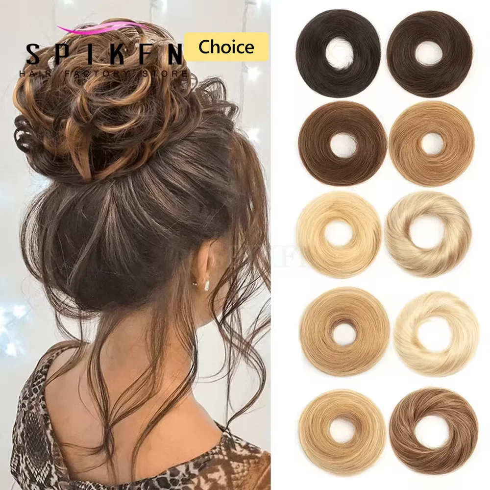Pezzo di capelli lisci e disordinati con fascia elastica Capelli umani Coda di cavallo Chignon Donut Updo Estensione per donna