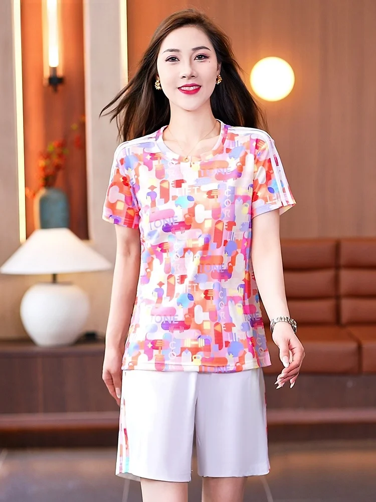 

TUCANO Ice Silk Quick Dry Sports Set Women Summer Thin Fashionable Mesh Breathable Shorts Two Piece Set round Neck Short Sleeve
