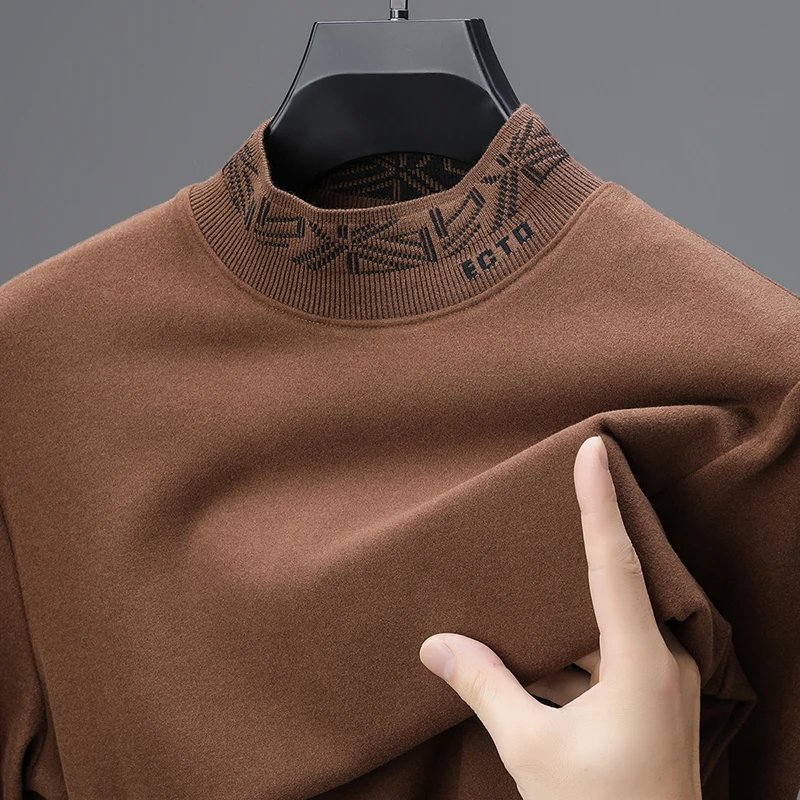 Man Luxury Long Sleeves T-Shirt Double-Sided Velour Mock Neck Embroidered Letters Autumn Hot Colorfast Warm Leisure MensClothing