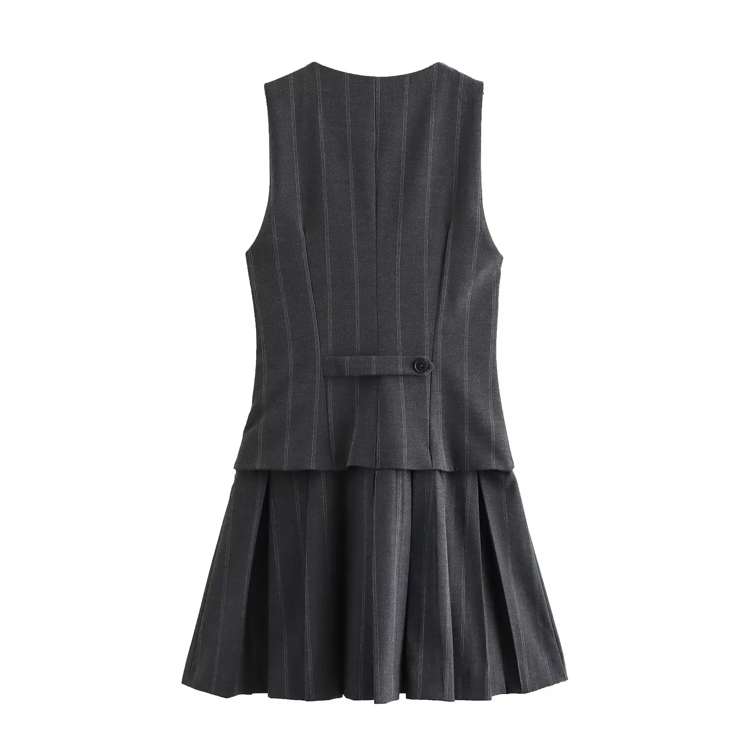 TRAFZA Woman\'s Fashion Sexy Pleated Dress Grey Stripe V-Neck Sleeveless Pockets Single Breasted Summer Dresses Woman Trendy