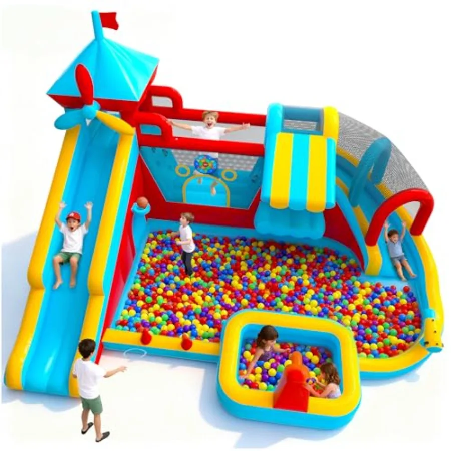 

Надувной батут 17,5×13 футов (12-в-1) с двойной горкой, вентилятором 750 Вт, игровой платформой, стена для прыжков и лазания, водяным пистолетом и брызгалкой