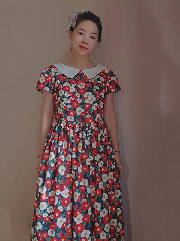 

Vintage Pure Cotton Floral Print Slimming Waist Doll Dr Summer New Sle Zipper High Waist ort Sve Mid-Length Gown