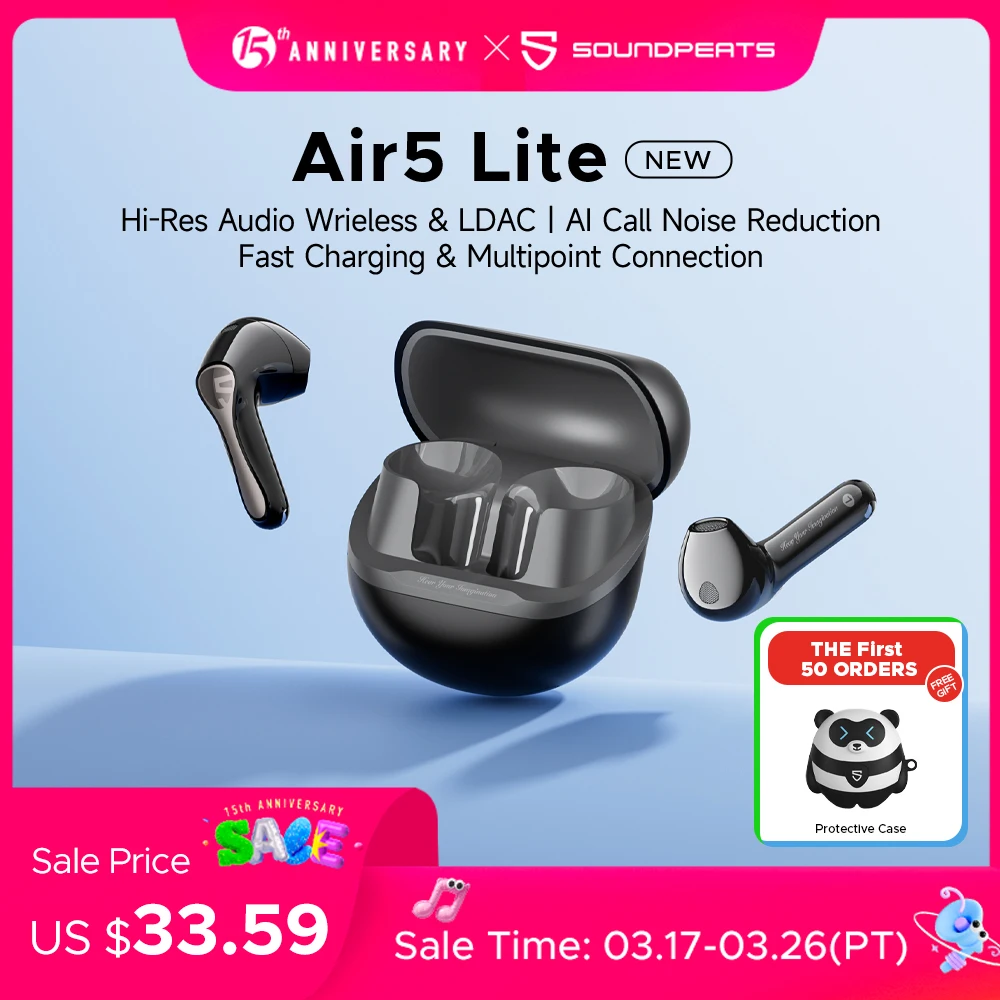 Soundpeats air5 lite Bluetooth V5.4 špunty LDAC hi-res audio bezdrátový sluchátko, 13mm ovladač, IPX5 vodotěsný, multipoint spřažení