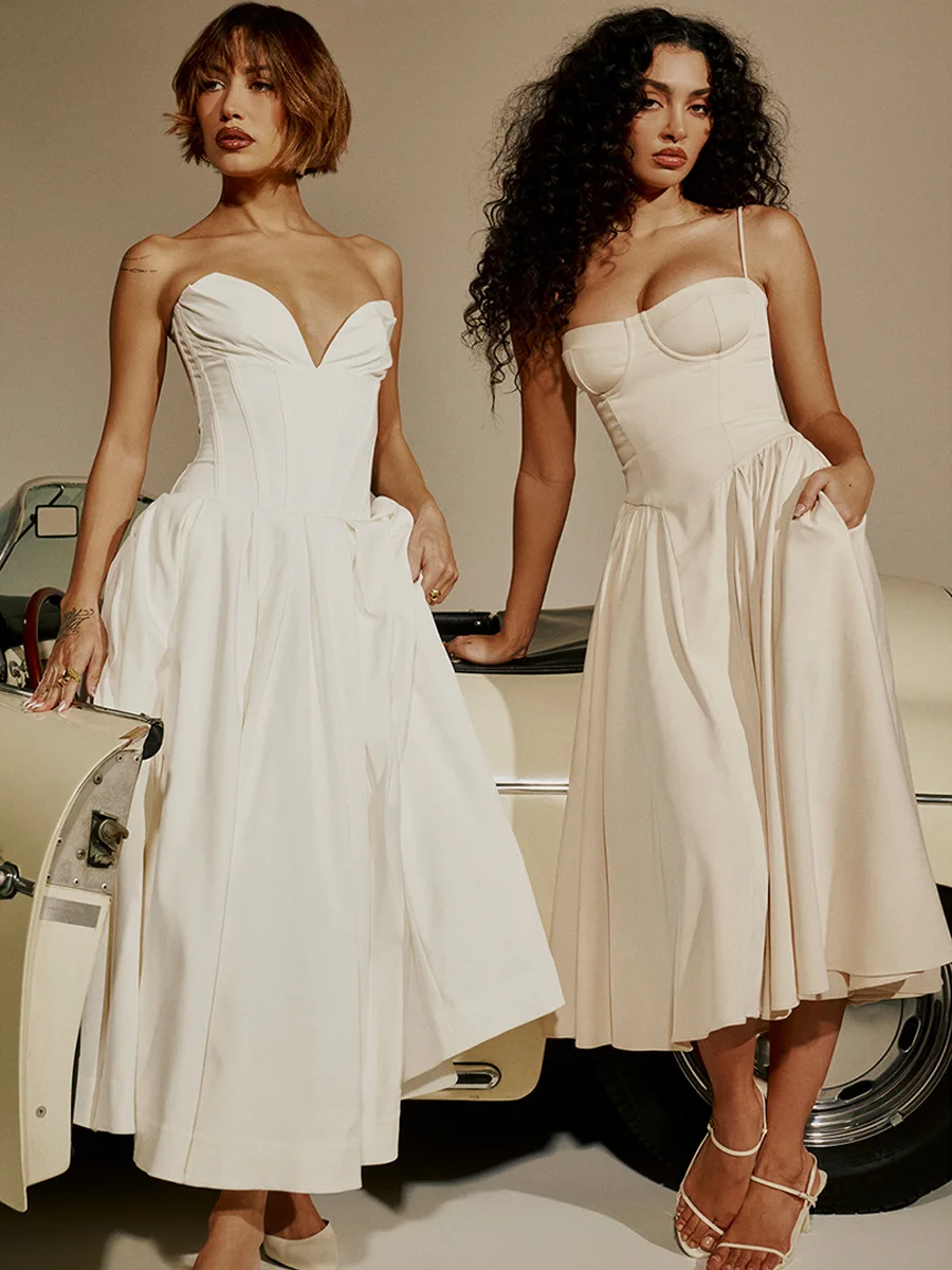 Sommer Frauen elegante ärmellose rücken freie Falten kleider Dame sexy feste Schlinge Midi-Kleid 2024 weibliche Party Abend A-Linie Roben – Detail 29