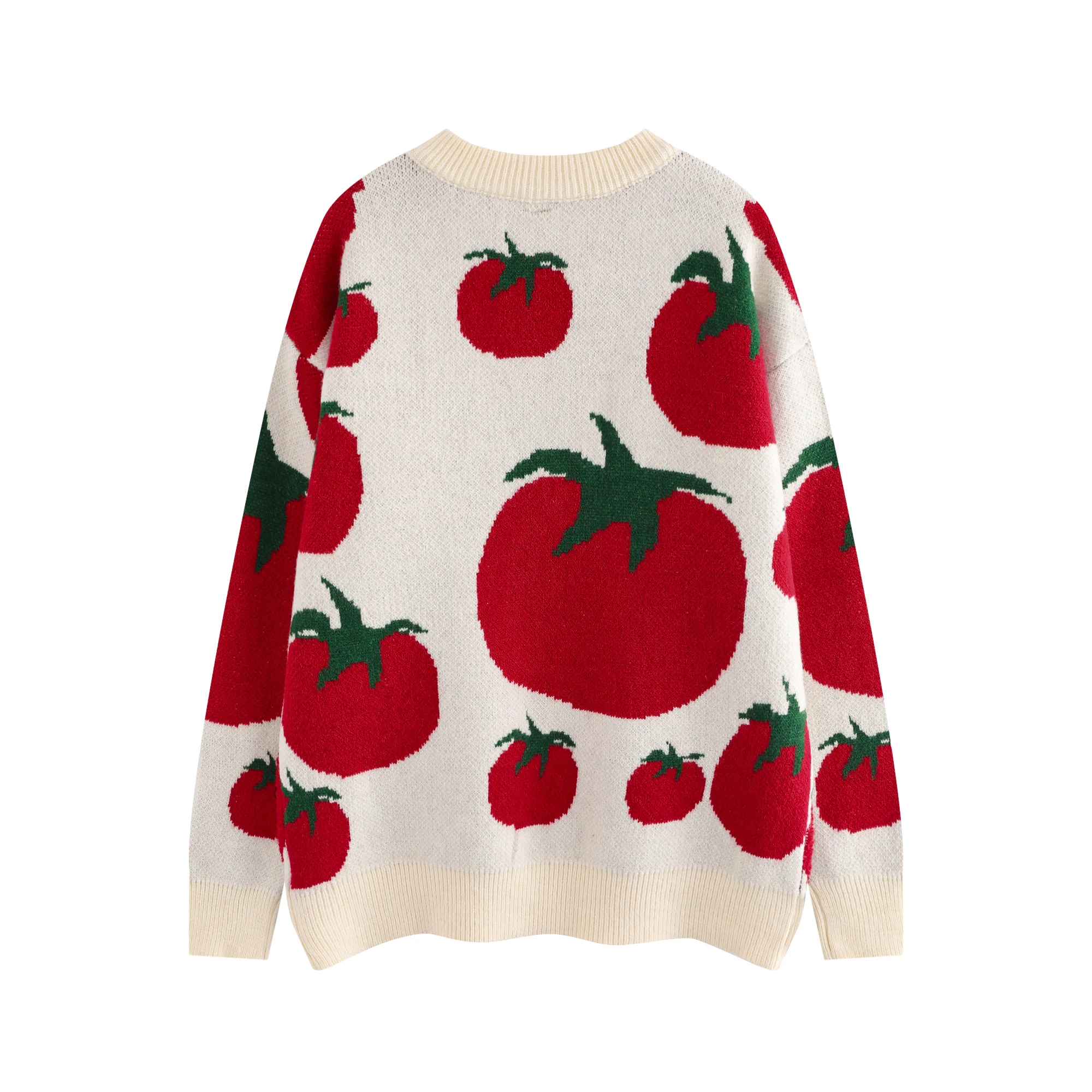 Japanese Fashion Knitwears Y2k Autumn and Winter Tomato Embroidery Knitted Sweater Men's Women's Round Neck Cartoon Jumpers