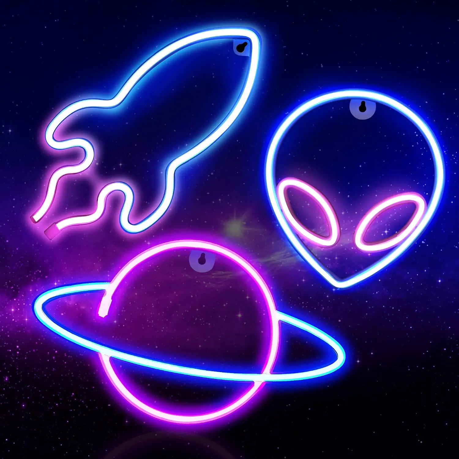 Outer Space LED Neon Sign Set USB Powered Neon Light Alien Rocket Planet Wall Decor Kids Bedroom Game Room Night Lamp Gift