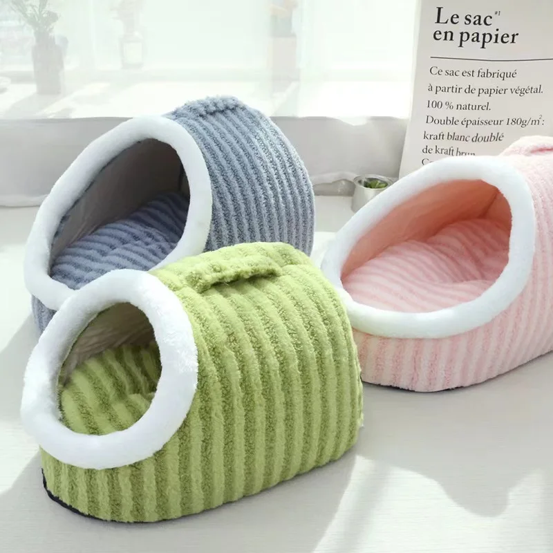 

Thickened cat kennel autumn and winter warm drilling hole kennel can be lifted sponge kennel striped pet slippers nest