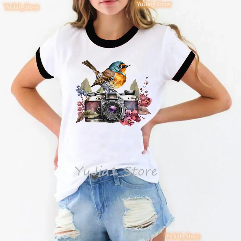 

Vintage Tshirt women Watercolor Camera Butterfly Flowers Print T Shirt Women'S Clothing Summer Tops Fashion T-Shirt Female Tops