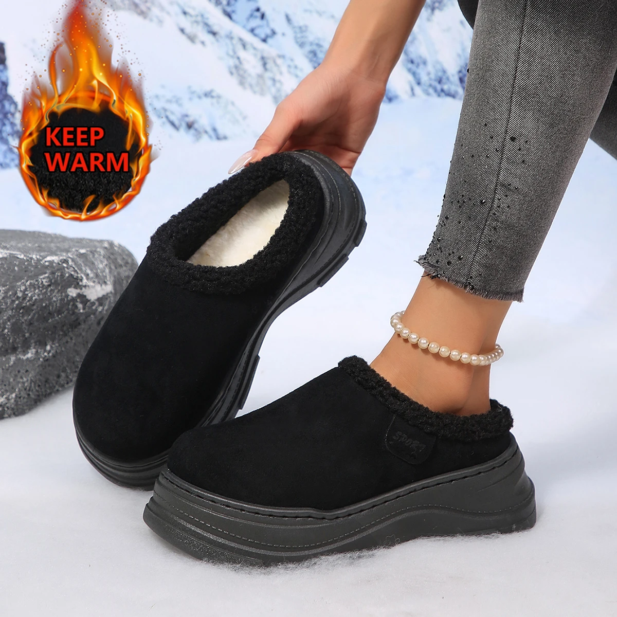 Snow Boots Women Winter New Cashmere Warm Thick Soles Without Heel-covered Hair Half Slipper Cotton Shoes Cashmere Warm Boots