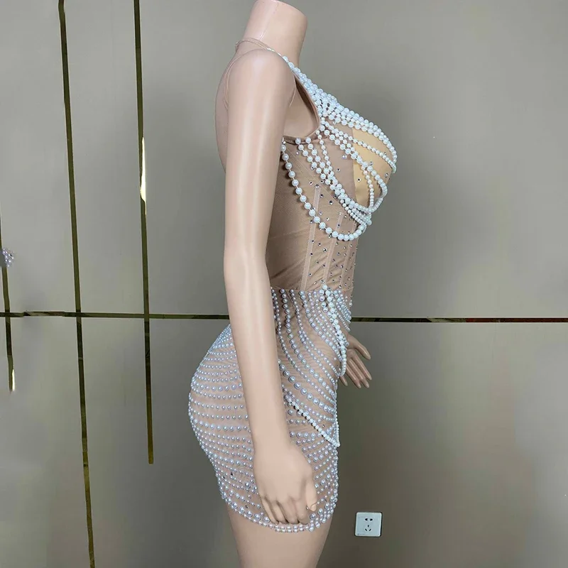 Nightclub Bar Girl Full Diamond Pearl Mesh gonna gonna corta donna Gogo Dancers outfit cantante femminile Dj Party Dress DN17414