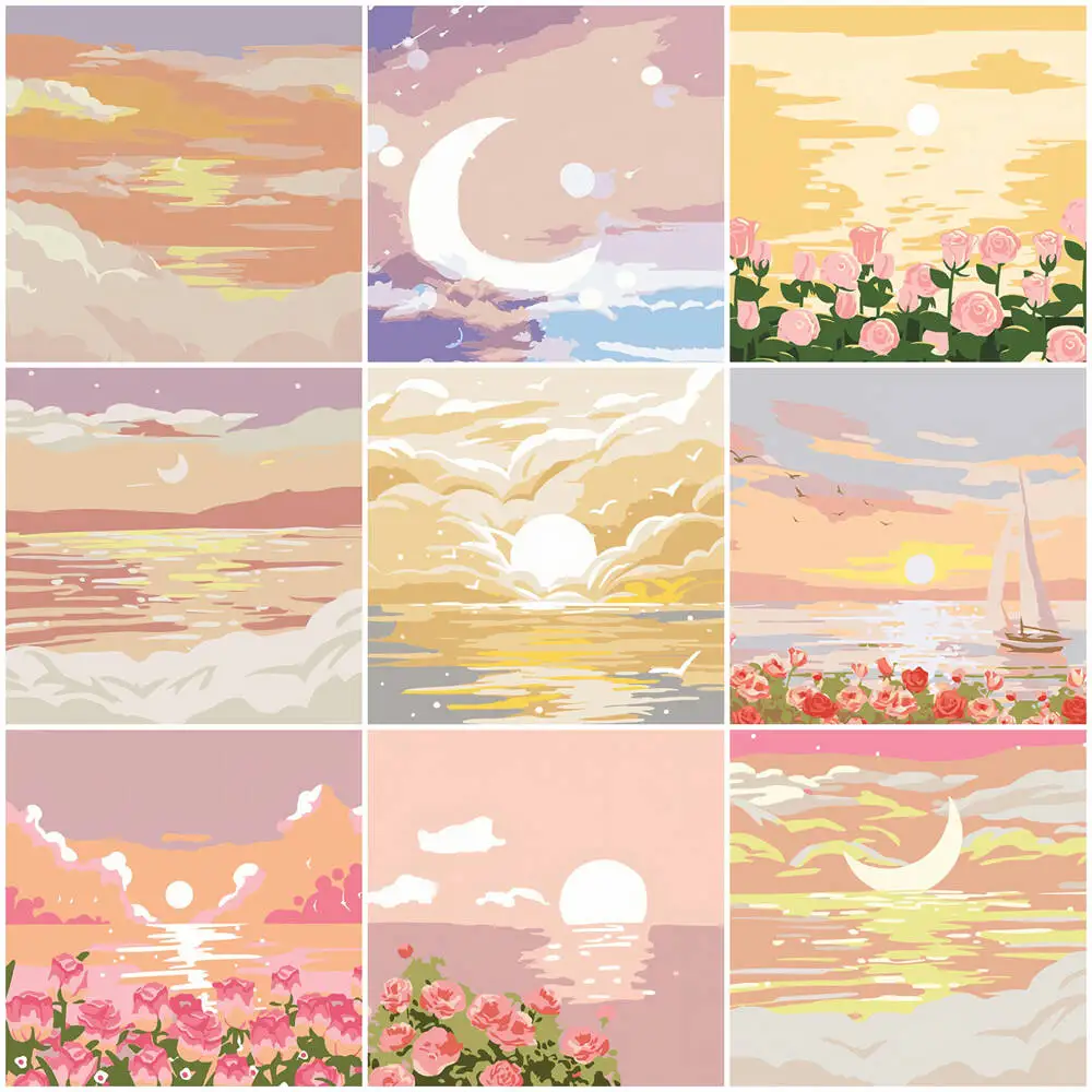 Digitales Ölgemälde, Berglandschaft, DIY Malen nach Zahlen, Baumlandschaft, Laterne, Acrylfarbe auf Leinwand, handgemaltes Geschenk