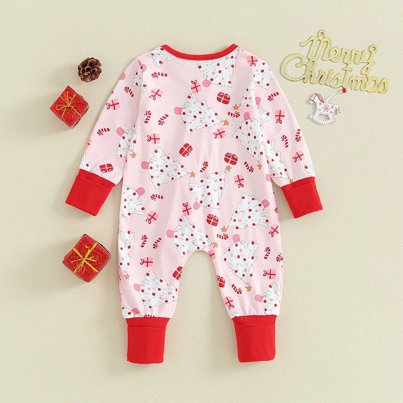 

Newborn Baby Boy Girl Christmas Outfit Baby Romper Cute Christmas Tree Print Long Sleeve Zipper Bodysuit Jumpsuit Christmas