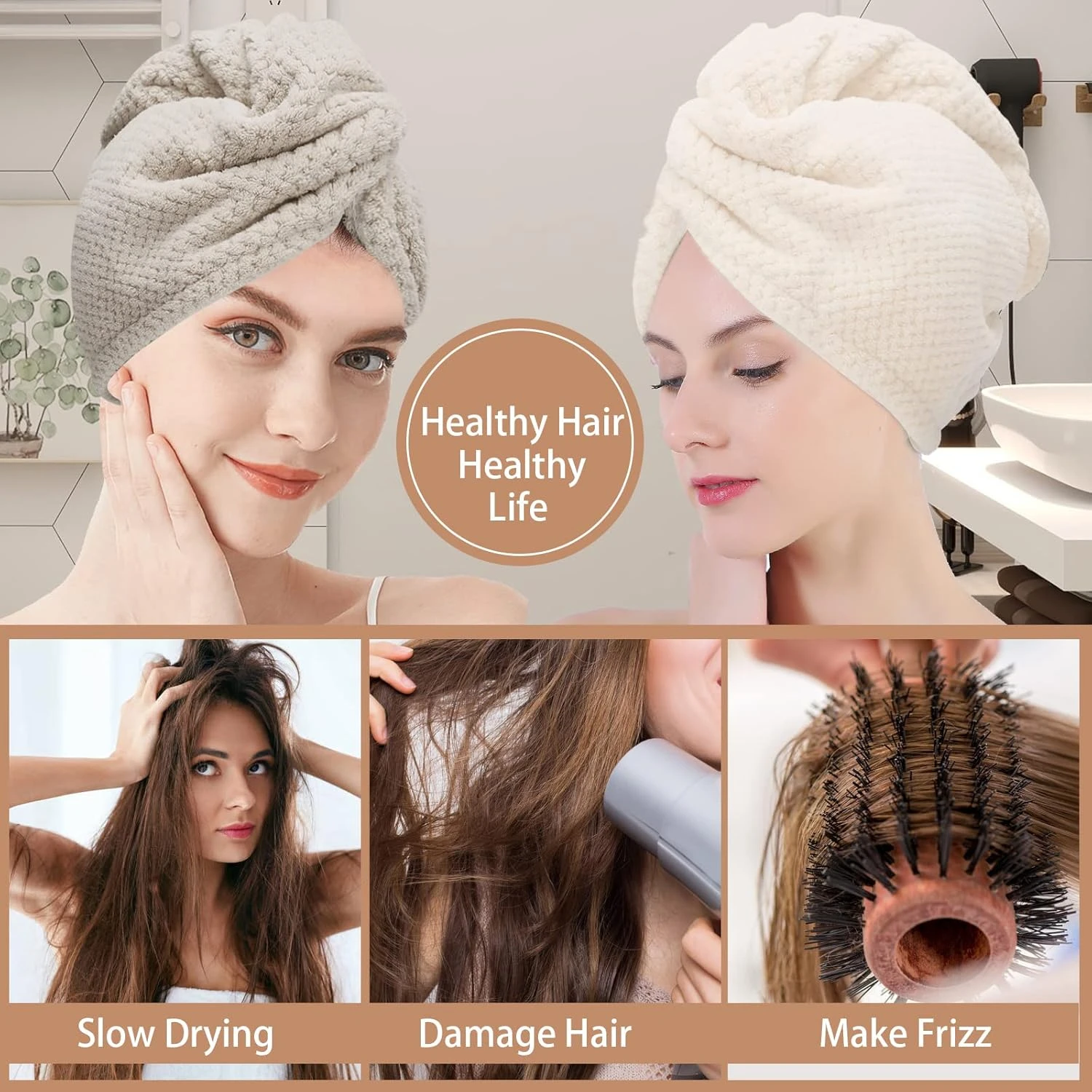 3PCS Microfiber Hair Towel, Hair Wraps for Women Wet Hair, Fast Drying Hair Turban, Anti Frizz Head Towels Wrap for Curly Hair (