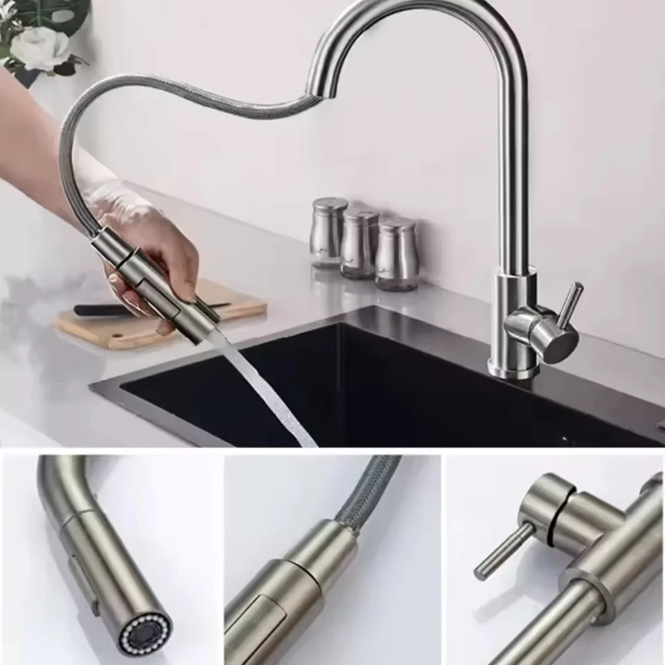 Kitchen Faucet Stainless Steel Brushed Faucet Kitchen Sink Faucet Pull-out Kitchen Water Faucet Single Hole Faucet