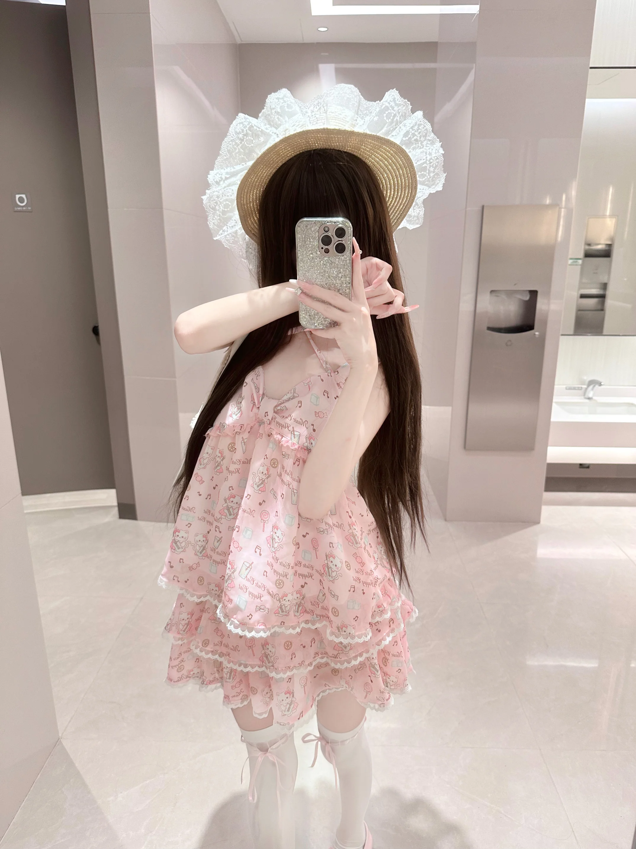 MAGOGO Sweet Lolita 2 Piece Set Soft Girls Summer Cat Cartoon Printed Lace Sling Tops Ruffles Cake Mini Skirt Y2k Kawaii Outfit