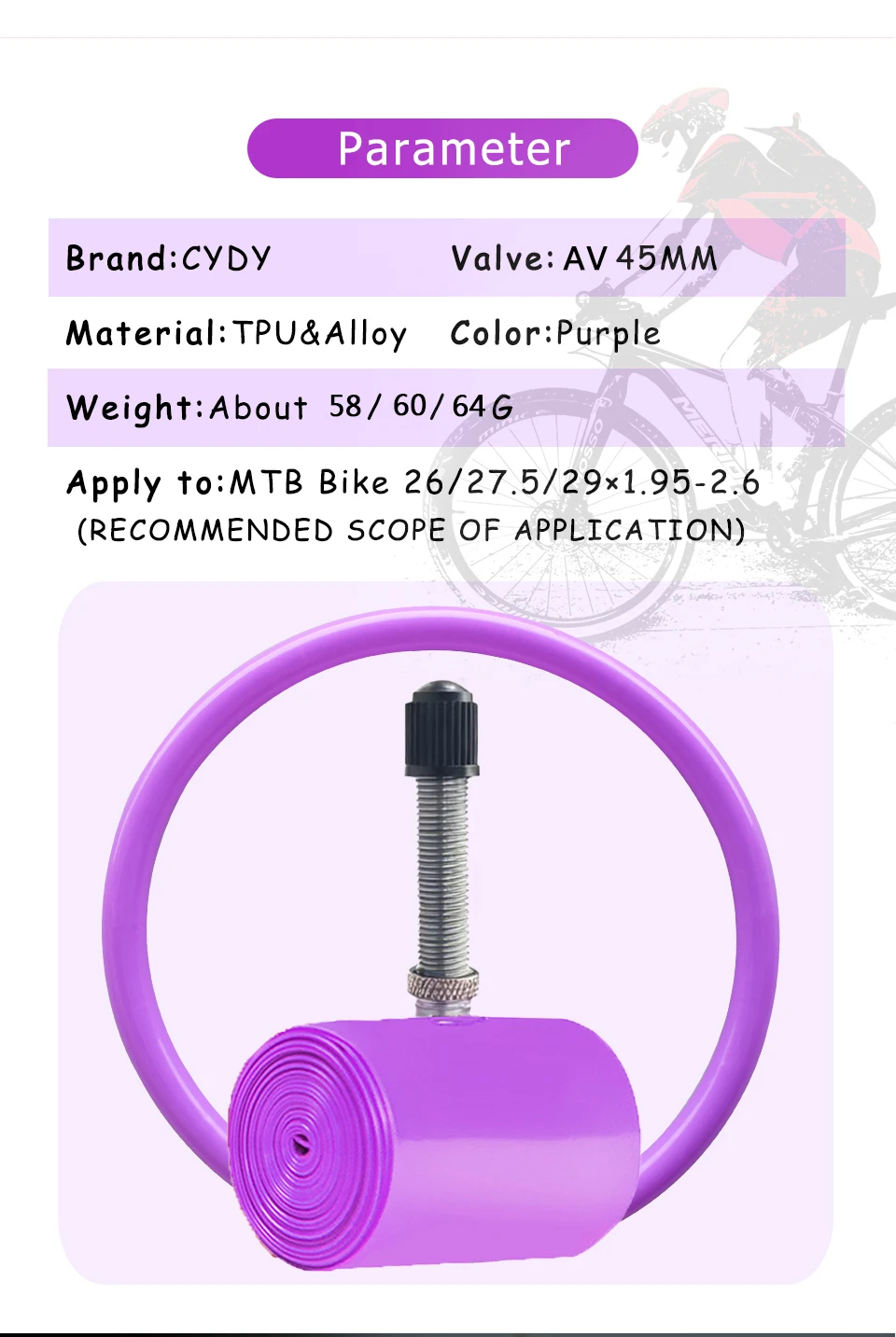 CYDY TPU MTB Fahrradschlauch 29 26 27.5 29x1.95-2.6 Zoll Mountainbike-Reifen Schrader-Ventil AV Pneu 29er Fahrradschlauch – Detail 3