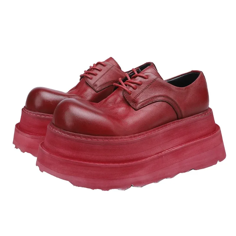 

Women Thick High Heel Shoes Mixed Colors Genuine Leather 7.5cm Height Increasing Platform Lace-Up Handmade Retro Shoes