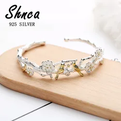 Hot Sale 925 Sterling Silver Cherry Blossom Flowers Golden Birds Open Charm Bracelet & Bangles For Women Girl Pulseras XB099