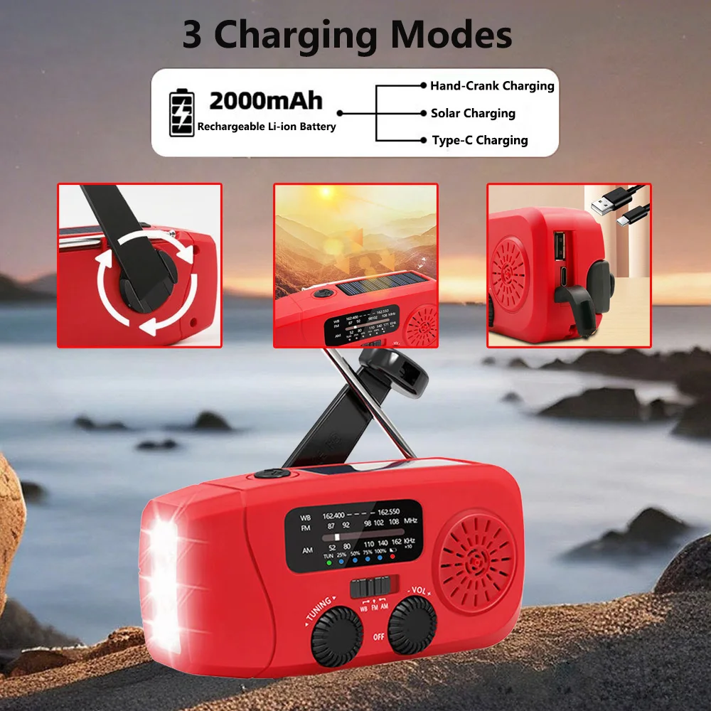 راديو FM/AM/WB محمول قابل لإعادة الشحن، كرنك راديو الطوارئ بالطاقة الشمسية، جهاز استقبال راديو FM NOAA للسفر في الهواء الطلق مع مصباح LED SOS