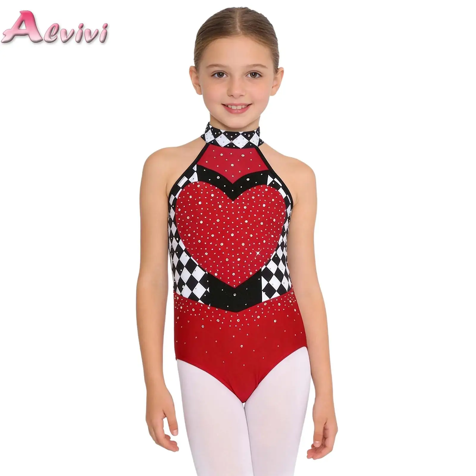 

Kid Girls Heart Queen Dress Up Cosplay Theme Party Costume Checkerboard Shiny Rhinestones Sleeveless Bodysuit for Ballet Leotard