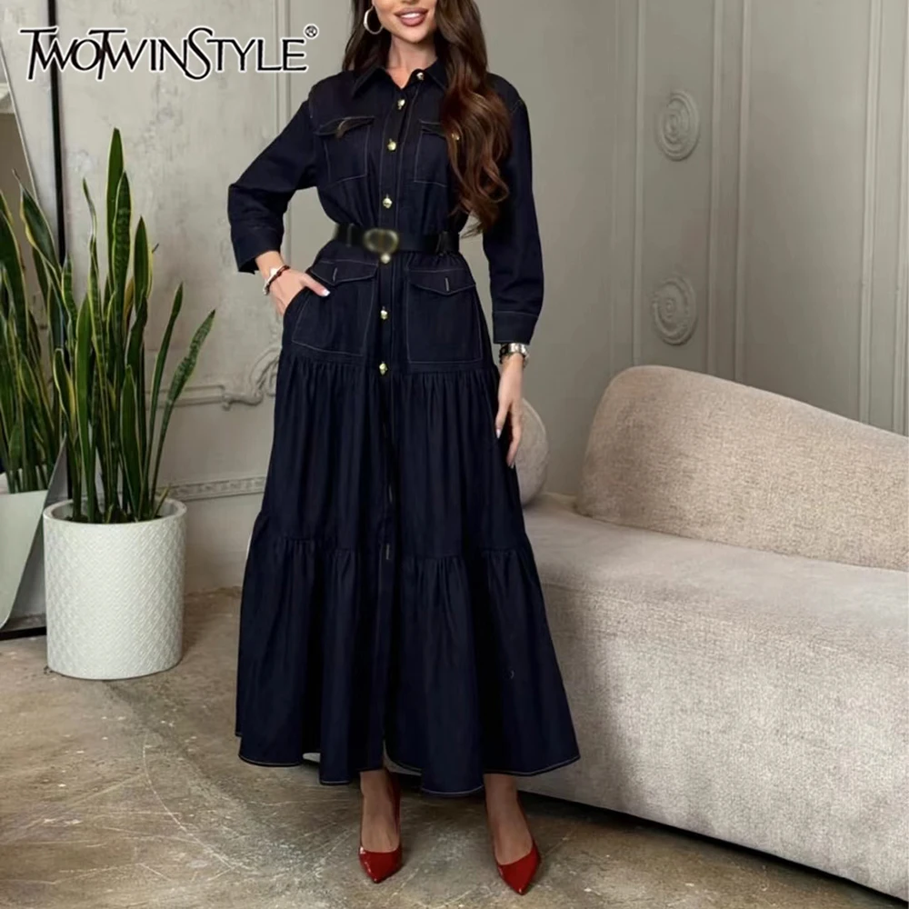 

TWOTWINSTYLE Solid Spliced Button Dresses for Women Lapel Long Sleeve High Waist Temperament Long Dress Female Fashion