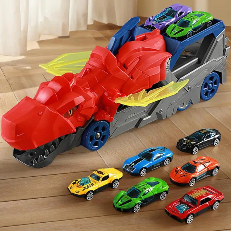 Dinosaur Car Toy Inertial Sliding Dino Car Truck Track Toy Funny Dino Truck Toy With 6 Racing Vehicles For Over 3 Years Old Boys