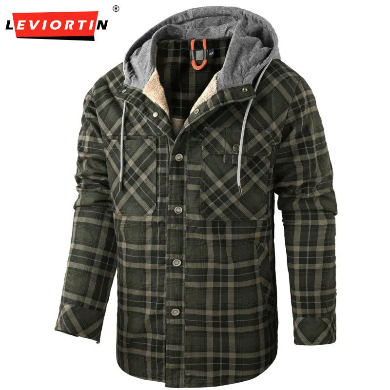 American men's fashionable versatile long sleeved shirt with thick fleece and hooded plaid shirt, autumn and winter top jacket