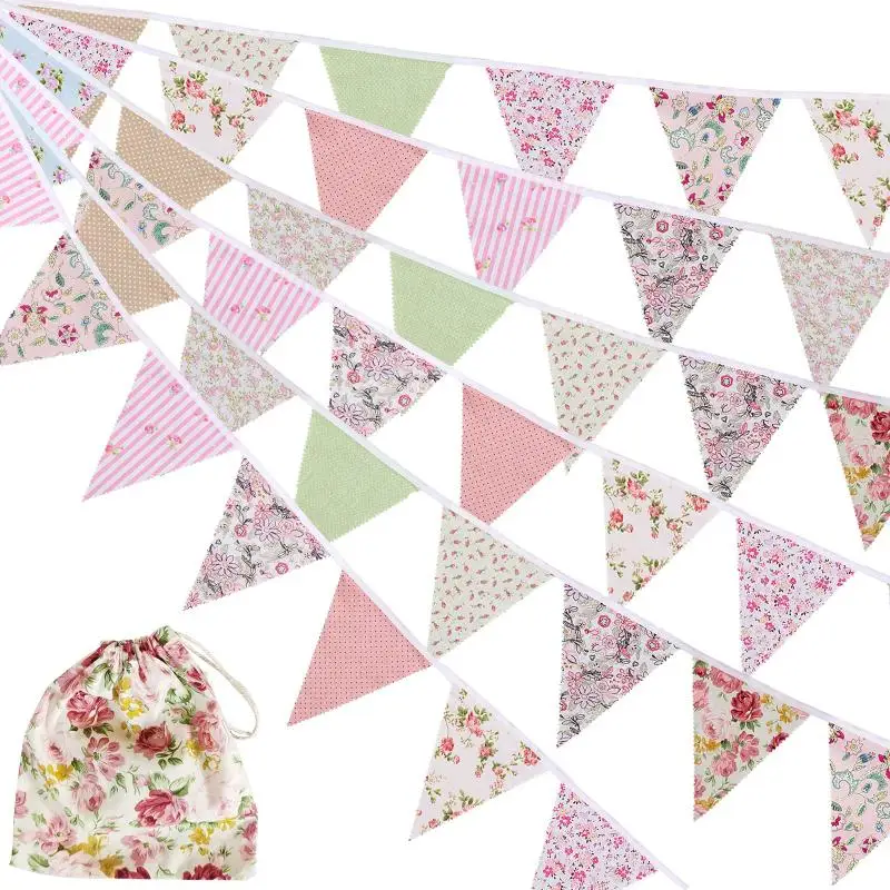 12M/40Ft Triangle Bunting Banner 42Pcs Multicolored Fabric: Flags Burlap Pennant Garlands Wedding Party