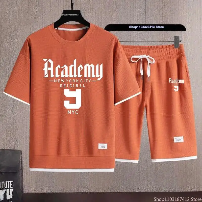 

Men's Hot Selling Fashionable and Comfortable Short Sleeve Two-piece Waffle Casual Suit Breathable Sports T-Shirt Shorts M-3XL